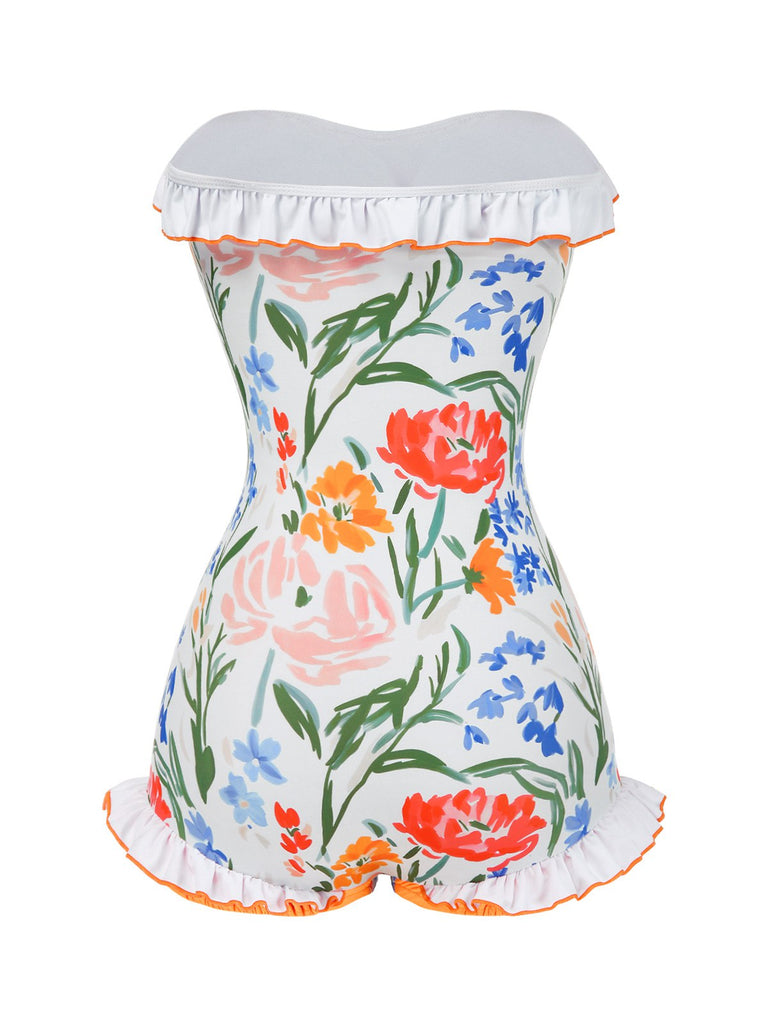 Maillot de bain une pièce bandeau multicolore fleurs peintes années 1960