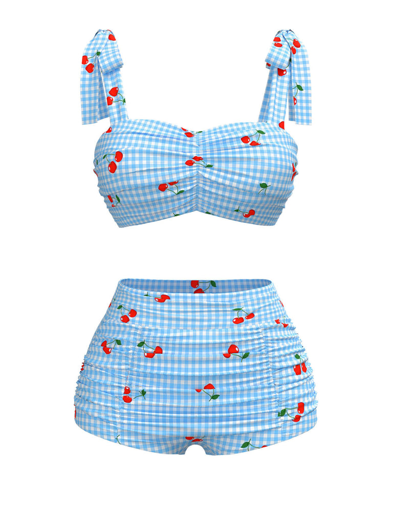 Maillot de bain bleu à lacets à carreaux et cerise des années 1950