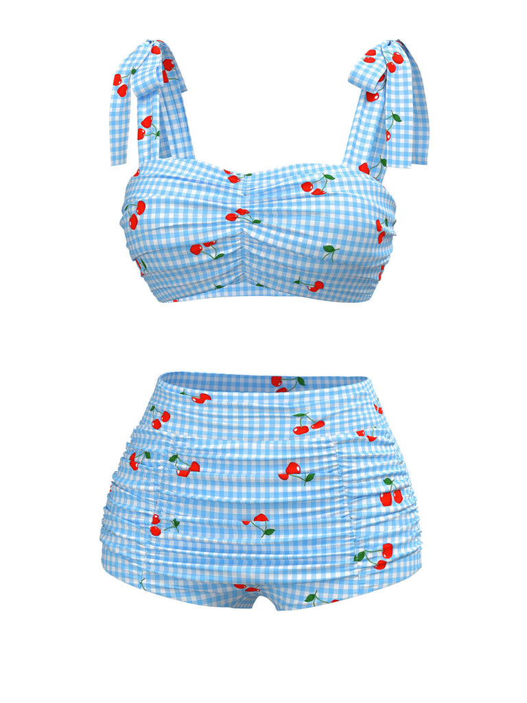 Maillot de bain bleu à lacets à carreaux et cerise des années 1950
