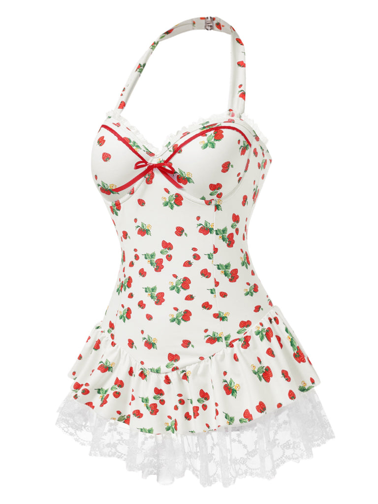 Robe de bain à licou fraise en dentelle nœud années 1950