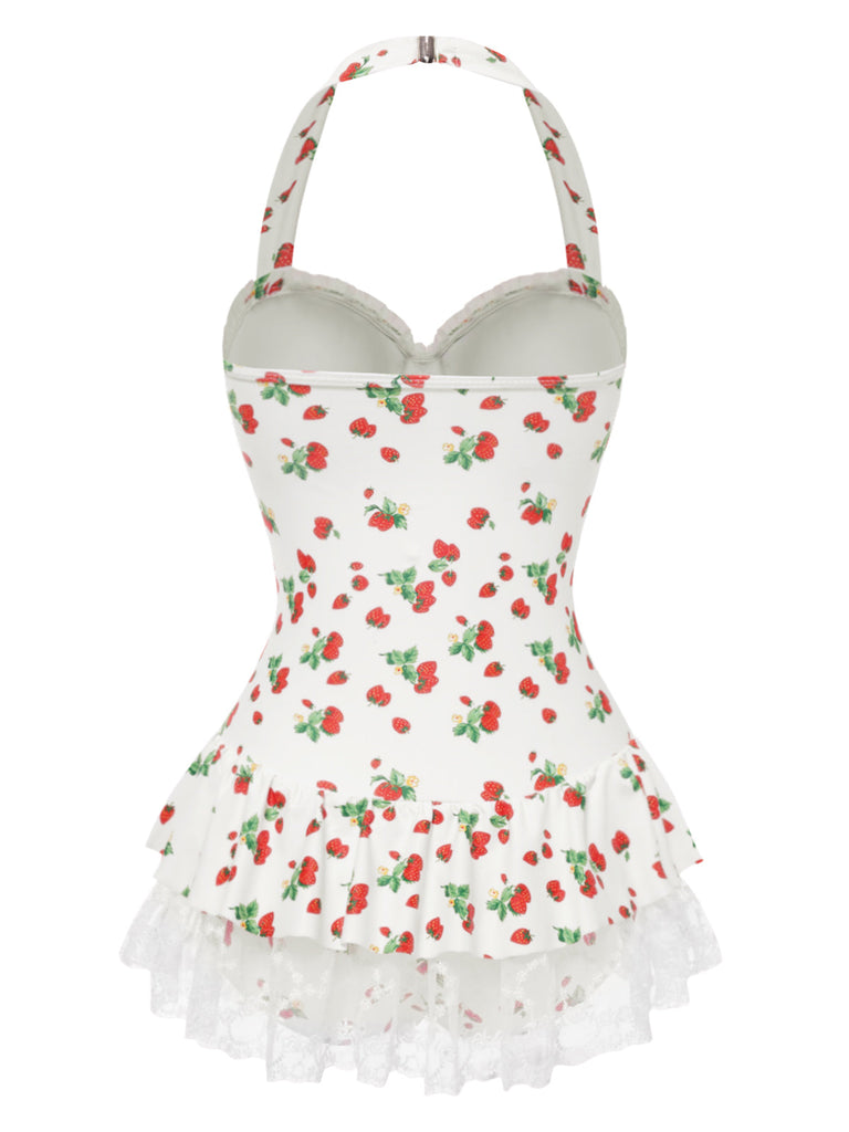 Robe de bain à licou fraise en dentelle nœud années 1950