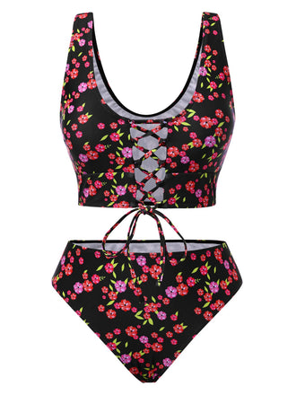 Ensemble tankini noir à lacets et petites fleurs des années 1940