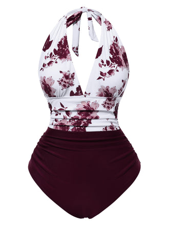 Maillot de bain rouge dos nu col V motif silhouette de feuille années 1940
