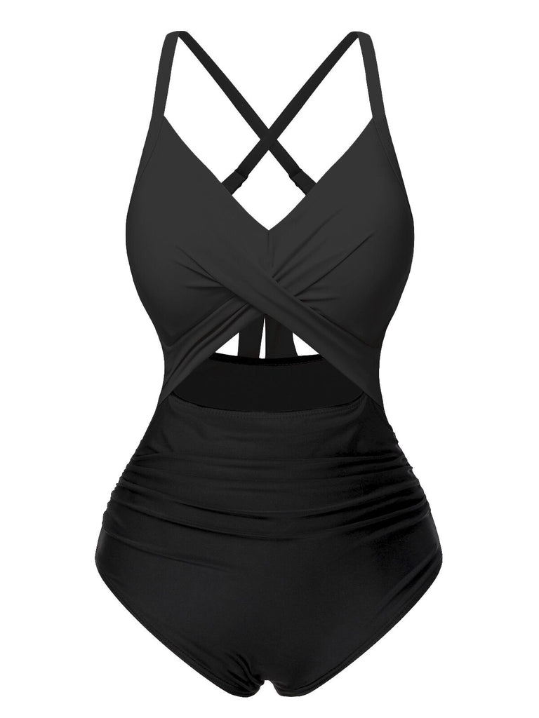 Maillot de bain patchwork taille creuse rouge et noir des années 1940