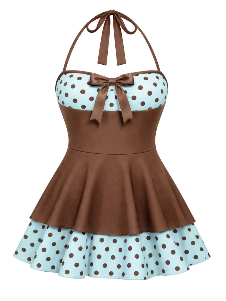 [Prévente] Marron à Pois Patchwork Halter Maillot de Bain à Jupe Années 1940