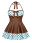 Robe de bain dos nu patchwork à pois marron années 40