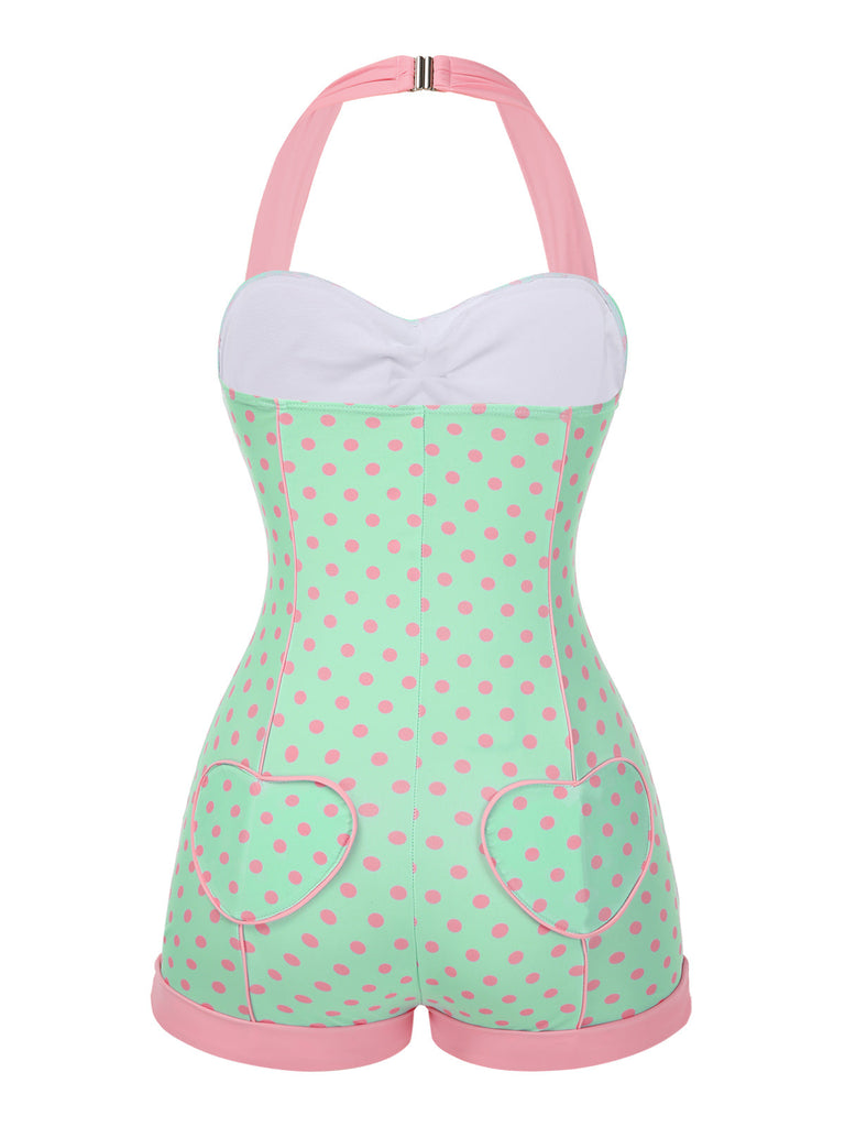 Maillot de bain verte à licou à pois contrastée cœur années 1960