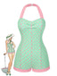 Maillot de bain verte à licou à pois contrastée cœur années 1960