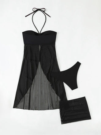 3PCS Ensemble bikini dos nu noir uni des années 1950 et cache-maillot