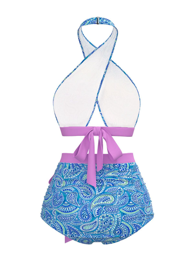 Maillot de bain dos nu croisé à imprimé cachemire violet années 1970