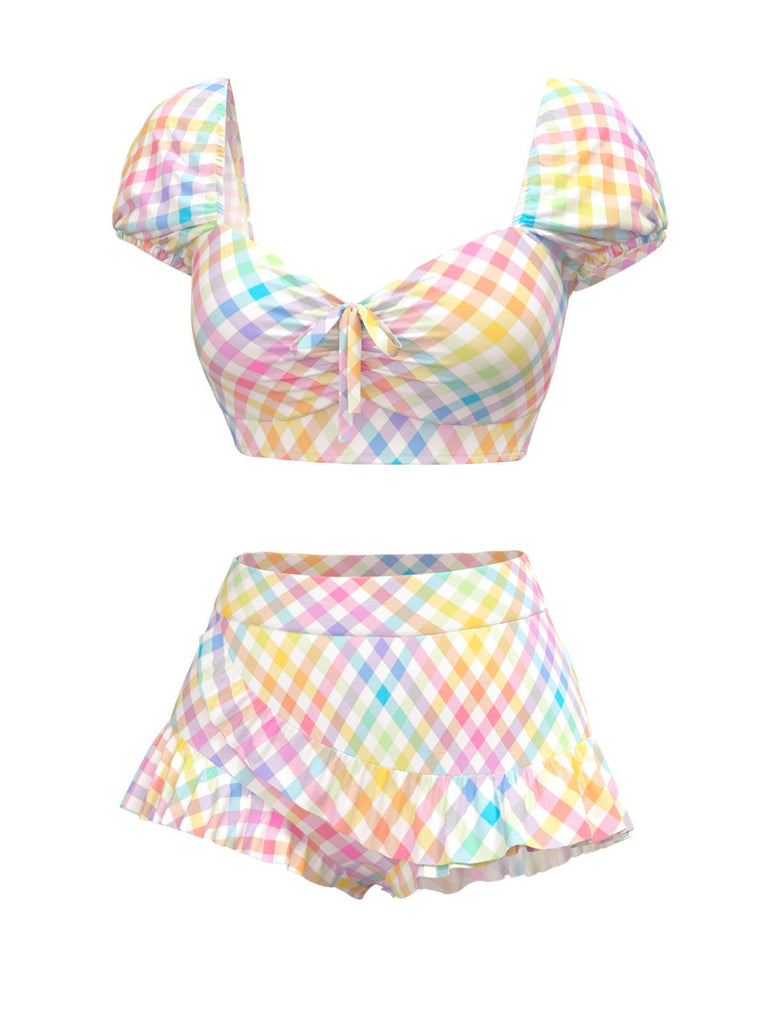 Ensemble tankini multicolore à carreaux vichy bouffants années 1970