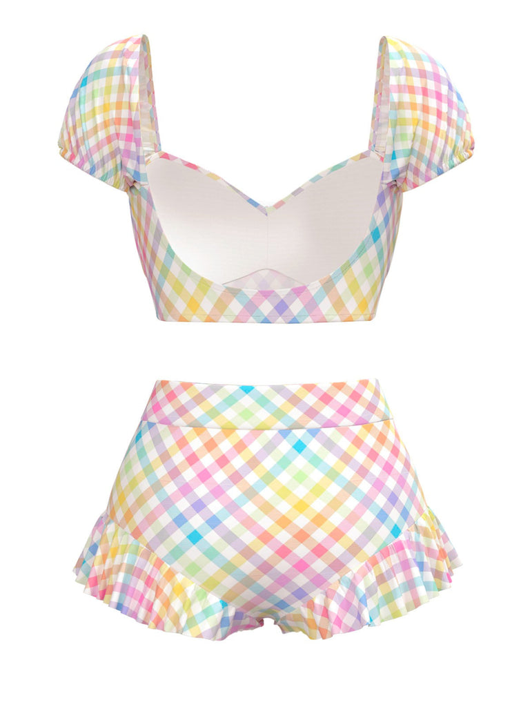 Ensemble tankini multicolore à carreaux vichy bouffants années 1970