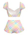 Ensemble tankini multicolore à carreaux vichy bouffants années 1970
