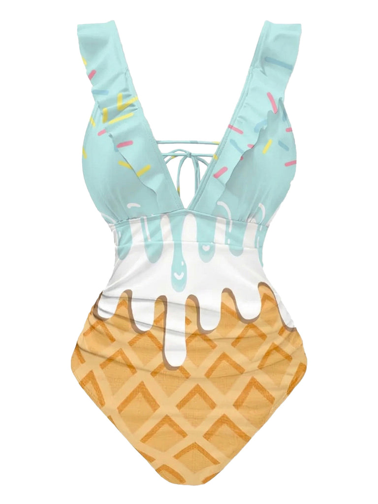 Maillot de bain rose à volants dos noué motif glace années 1970