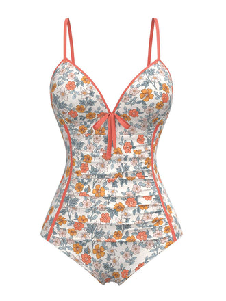 Maillot de bain une pièce froncé à fleurs orange des années 1960