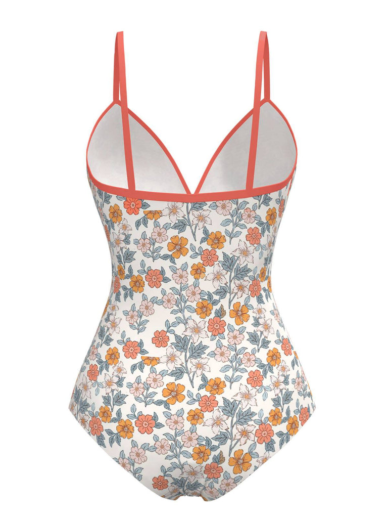 Maillot de bain une pièce froncé à fleurs orange des années 1960