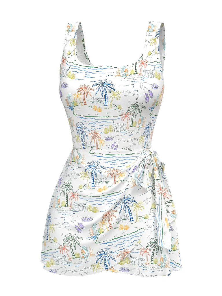 Robe de bain blanche col carré cocotiers peintes années 40