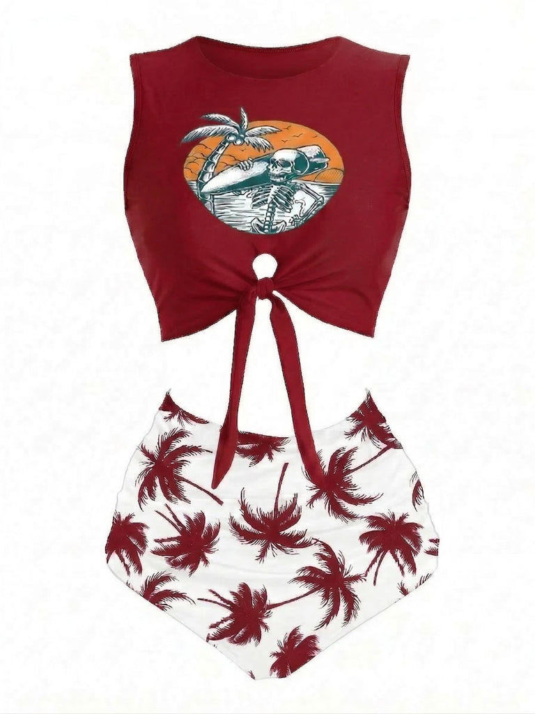 Ensemble Bikini Punk Ceinture à Nouer Tiki à Motifs Années 1980