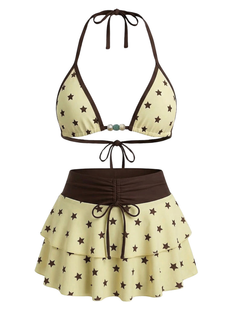 Ensemble bikini rose imprimé cerises nouer sur le devant volants années 1960