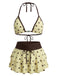 Ensemble bikini rose imprimé cerises nouer sur le devant volants années 1960