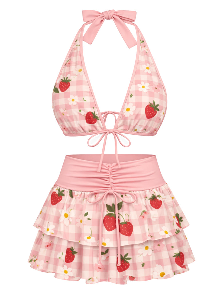 Ensemble bikini rose imprimé cerises nouer sur le devant volants années 1960