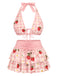Ensemble bikini rose imprimé cerises nouer sur le devant volants années 1960