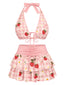 Ensemble bikini rose fraise imprimé floral nouer sur le devant volants années 1960