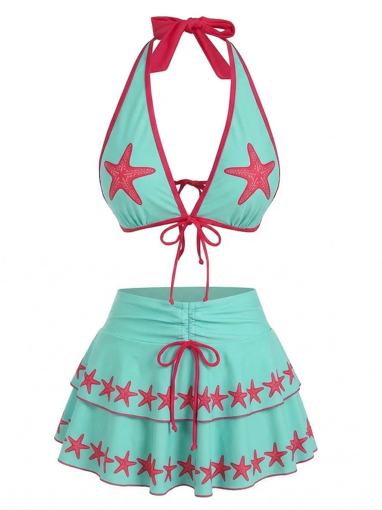 Ensemble bikini rose imprimé cerises nouer sur le devant volants années 1960