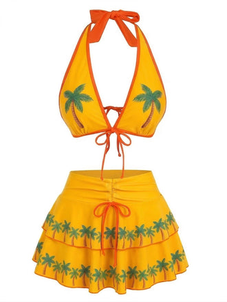 Ensemble bikini rose imprimé cerises nouer sur le devant volants années 1960