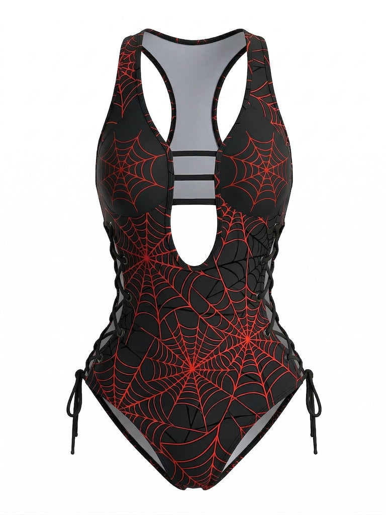 Maillot de bain rouge à bretelles découpes en forme toile d'araignée années 1960