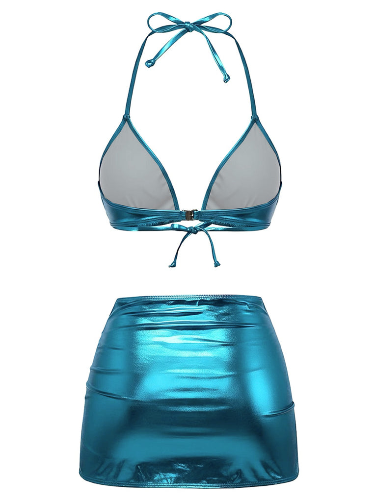 Ensemble bikini métallisé uni à bretelles années 1970