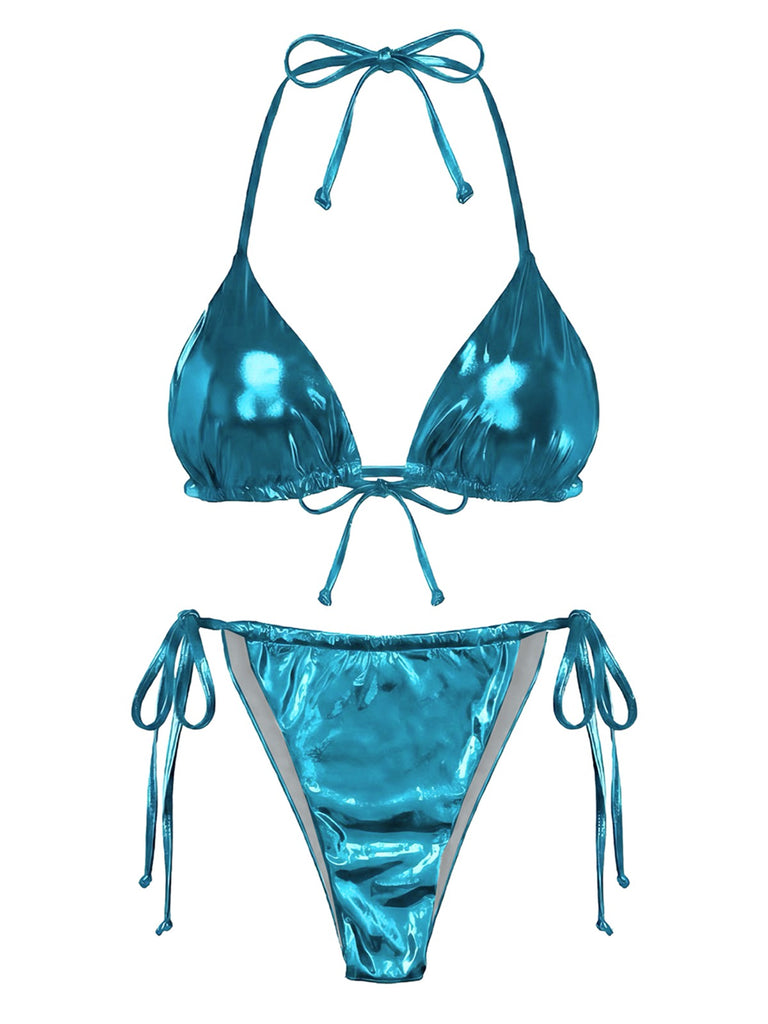 Ensemble bikini métallisé uni à bretelles années 1970
