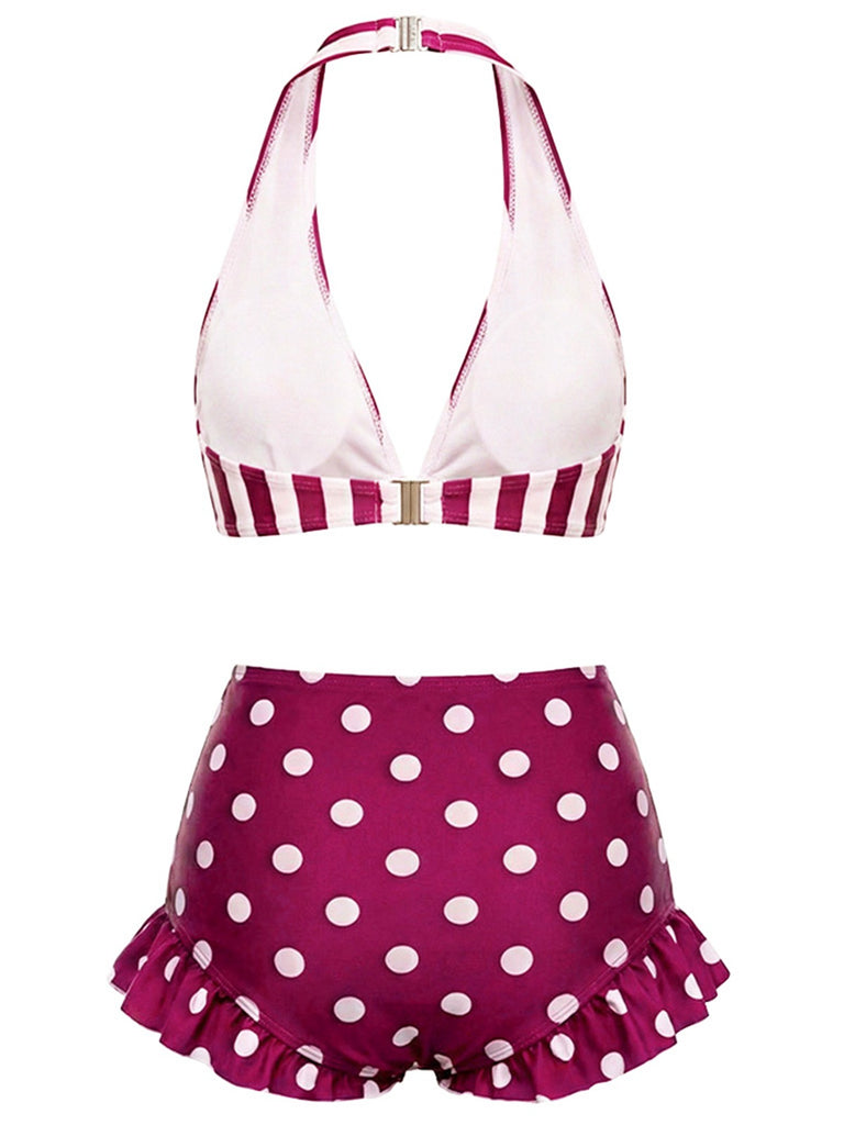 Maillot De Bain Rouge Et Blanc À Rayures Bretelles Nues À Pois Volants Année 1940