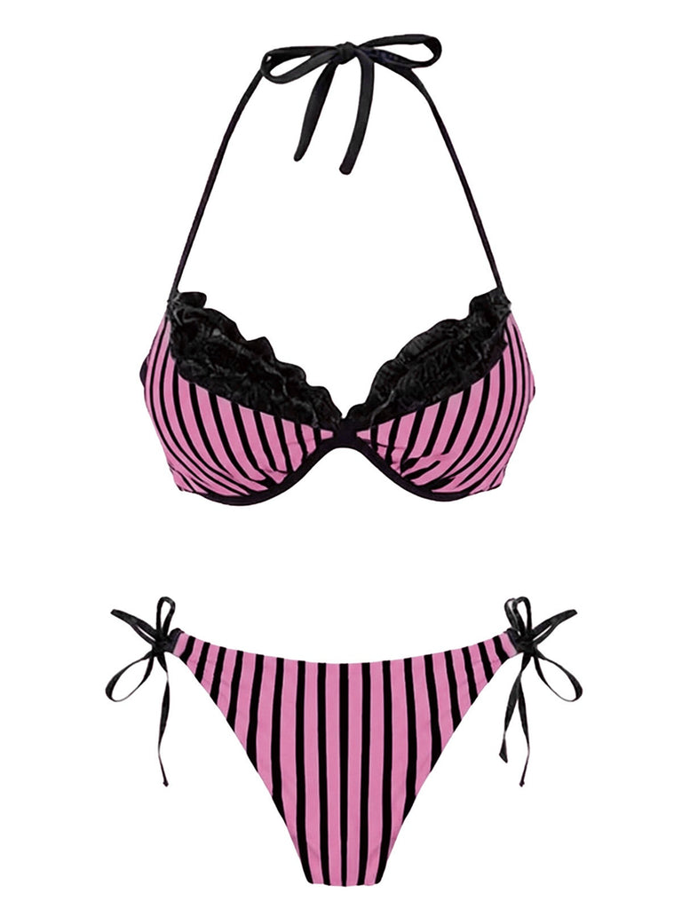 Ensemble bikini gris rayé en maille avec nœud et dos nu années 60