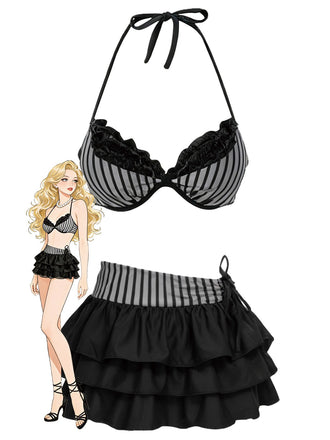 2PCS Ensemble bikini dos nu rayé rose et paréo à volants années 60