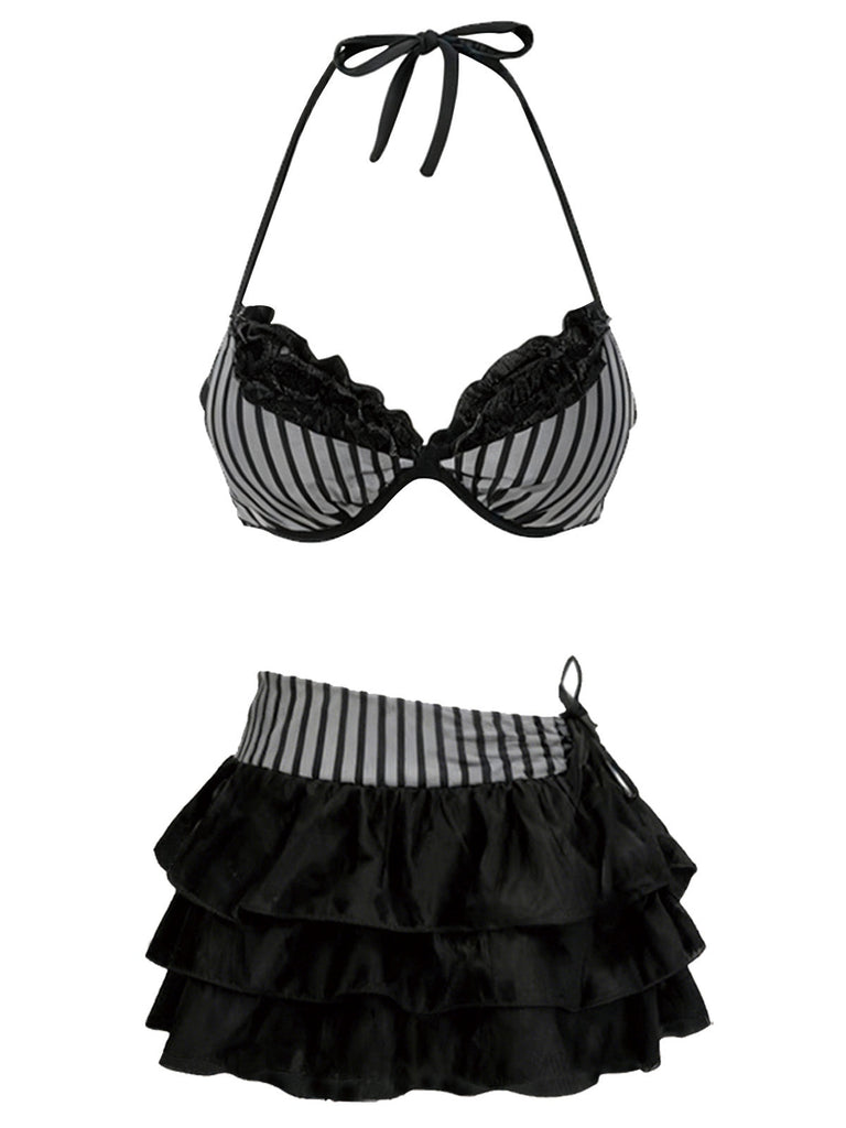 [Prévente] 2PCS Ensemble bikini dos nu rayé gris et paréo à volants années 60