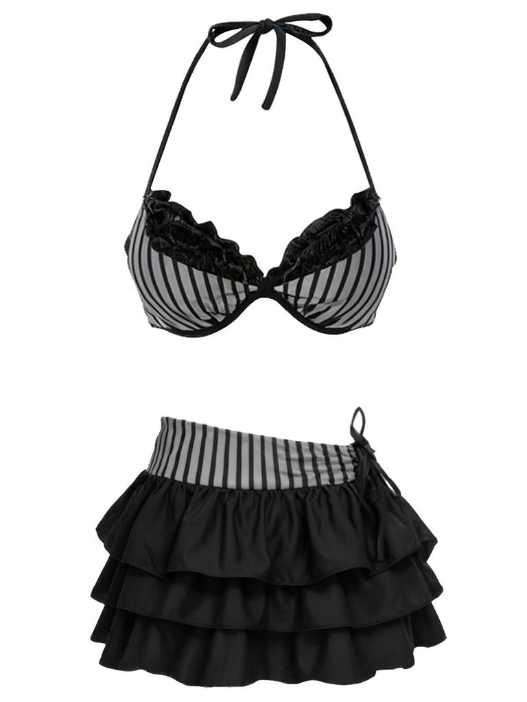 2PCS Ensemble bikini dos nu rayé rose et paréo à volants années 60