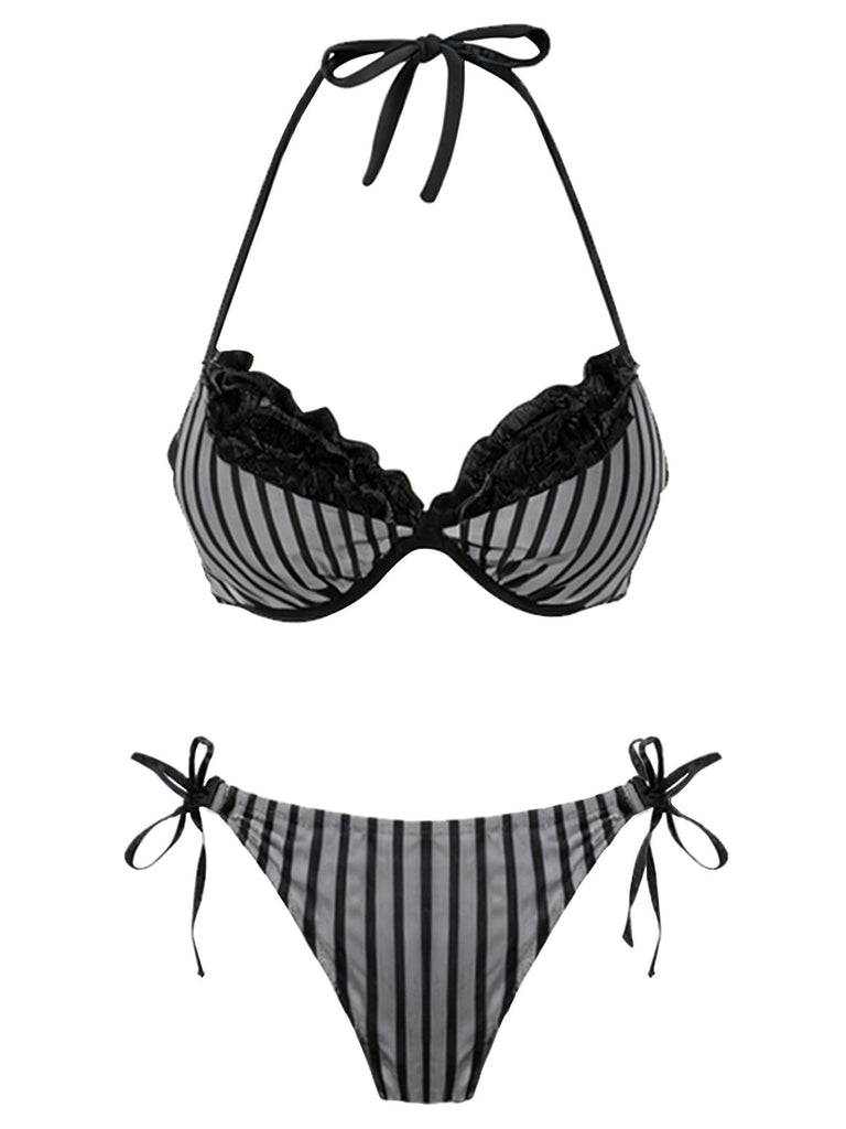 Ensemble bikini gris rayé en maille avec nœud et dos nu années 60