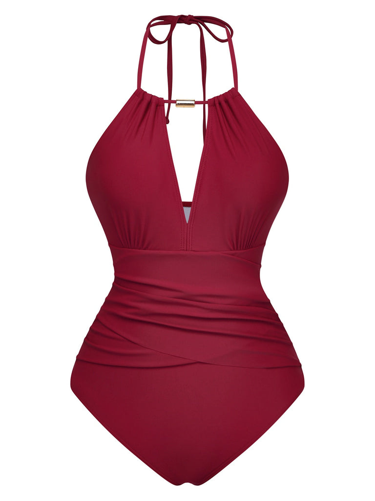 Maillot De Bain Une Pièce Bretelles Nues Col V Profond Froncé Année 1940