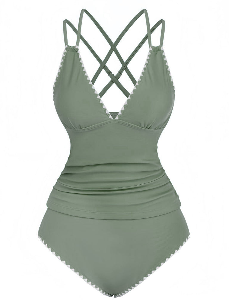 Ensemble De Tankini Colorblock Col V Profond Dos Épinglé Année 1940