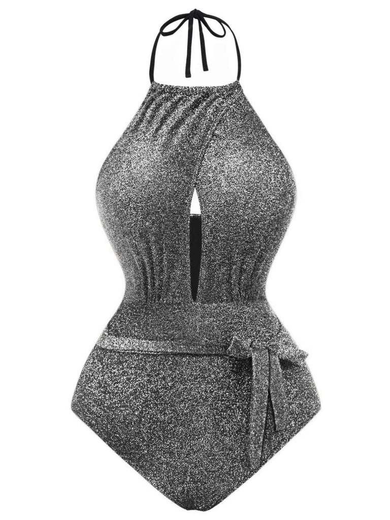 Maillot de bain une pièce à paillettes dos nu et nœud découpé années 1940