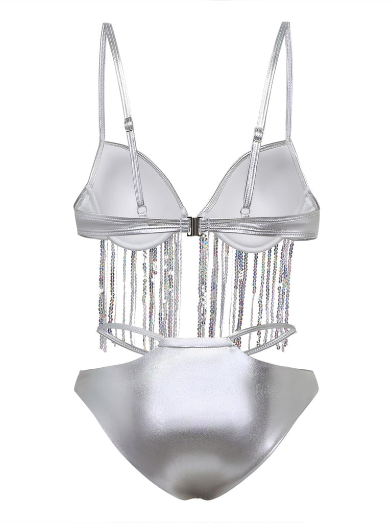 Ensemble De Bikini Argenté Holographique Paillettes Franges Année 1970
