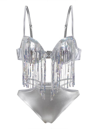 Ensemble De Bikini Argenté Holographique Paillettes Franges Année 1970