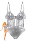Ensemble De Bikini Argenté Holographique Paillettes Franges Année 1970