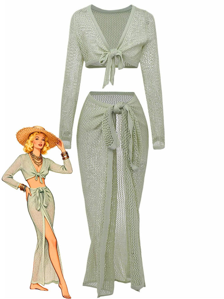 2PCS Ensemble de paréo de plage vert à manches longues en crochet années 1960