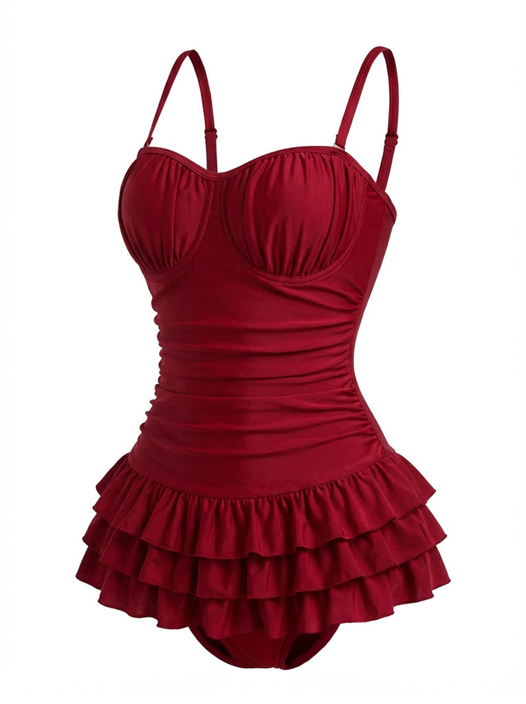 Maillot de bain une pièce rouge volants et fronces années 50