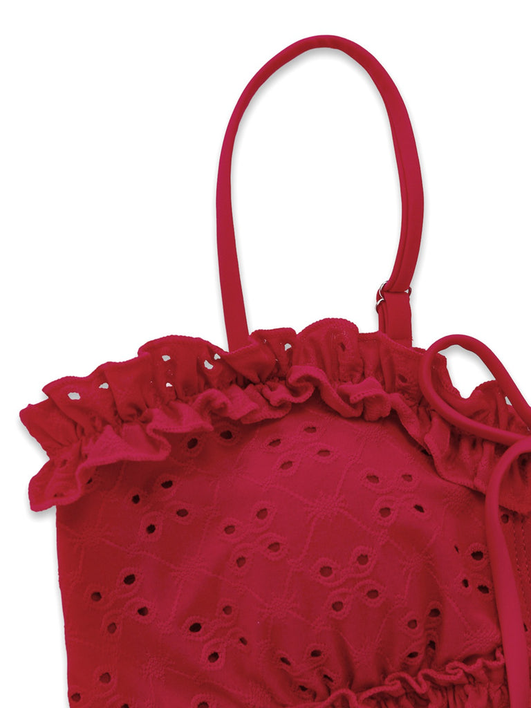 Ensemble tankini rouge à volants brodés années 60
