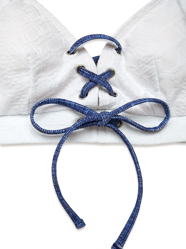 Bikini dentelle lacets col licou faux jean bleu 1940s