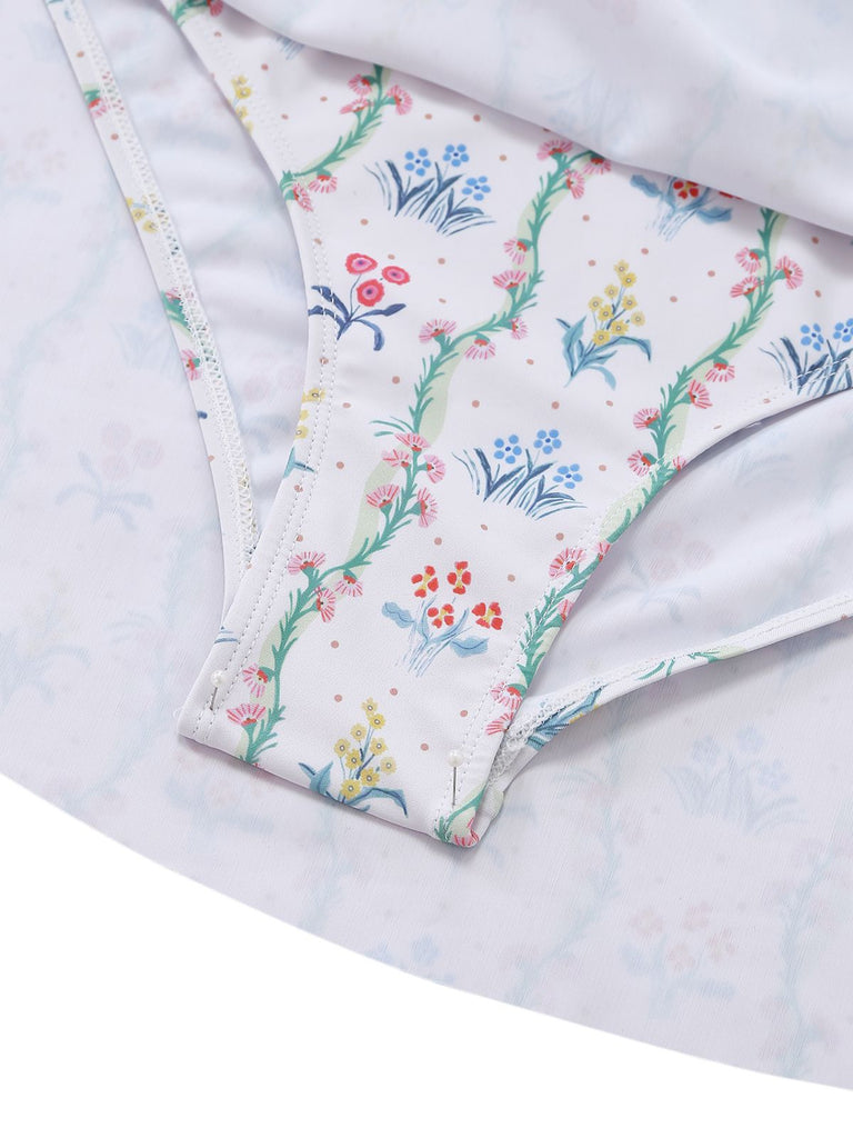 [Prévente] Maillot de bain volants fleurs carré blanc 1970s