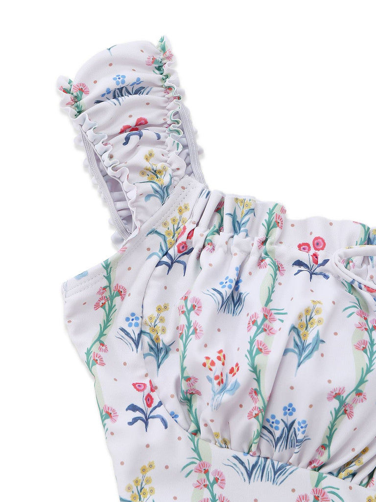 [Prévente] Maillot de bain volants fleurs carré blanc 1970s